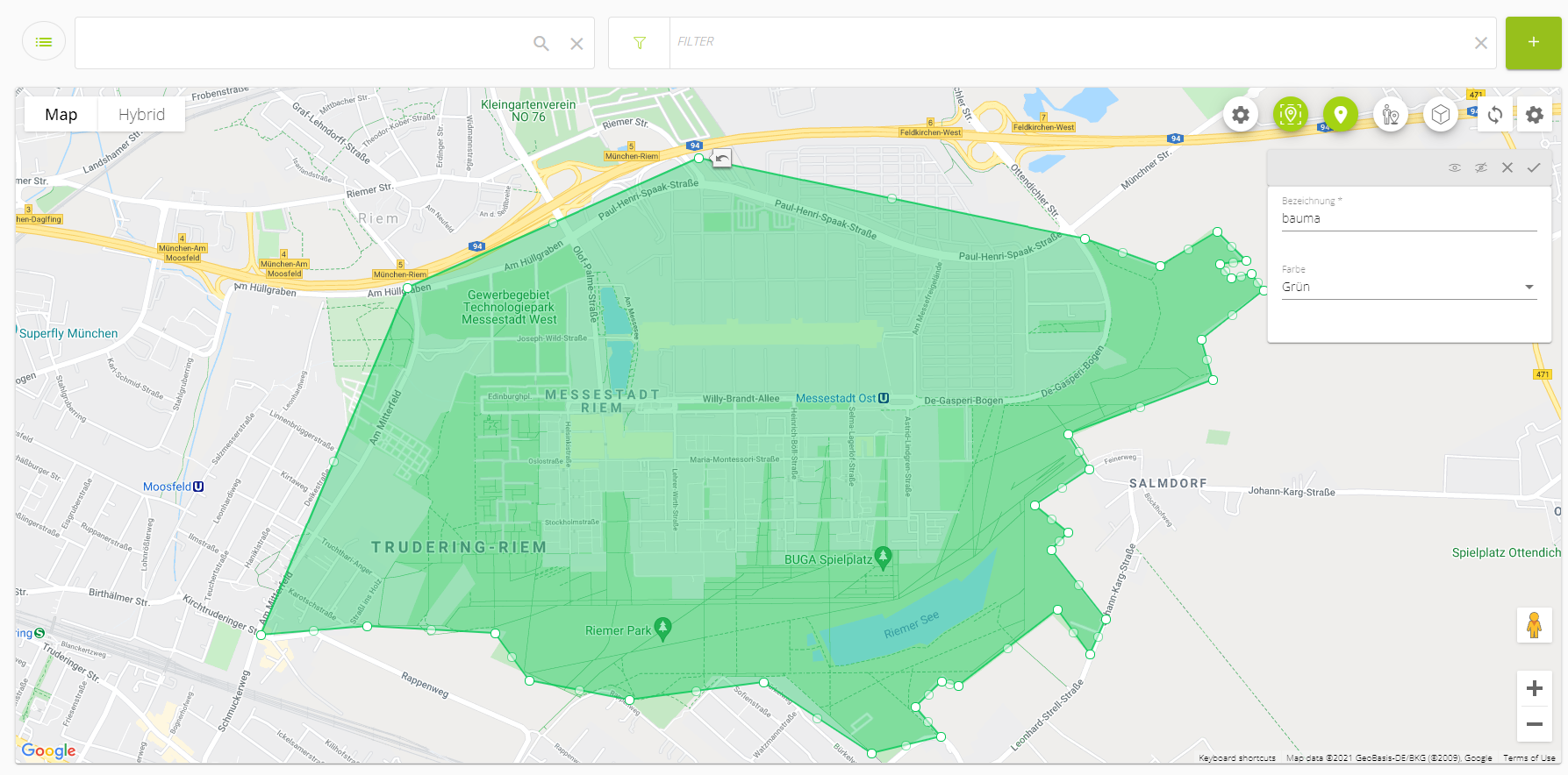 Screenshot eines GeoFence um das Messegelände München, auf dem die bauma 2022 stattfinden wird.