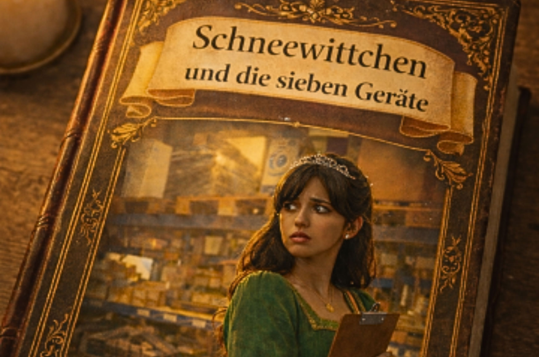 Buchcover von fiktivem Märchen Schneewittchen und die sieben Geräte